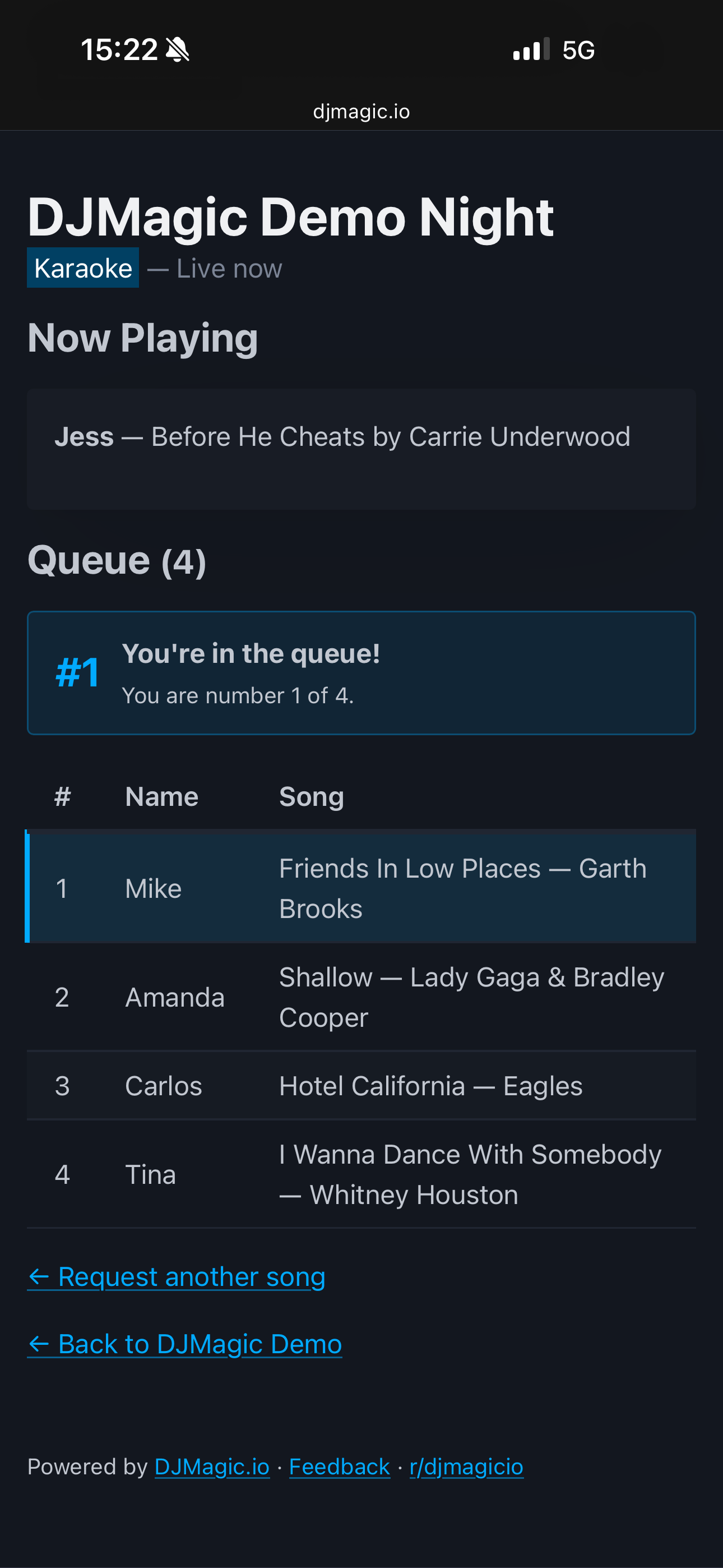 Singer phone screen showing queue position and up next status